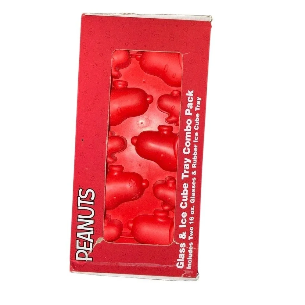 Peanuts Snoopy Valentine 16oz Glass Tumblers Set w Ice Cube Tray‎ Charlie Brown